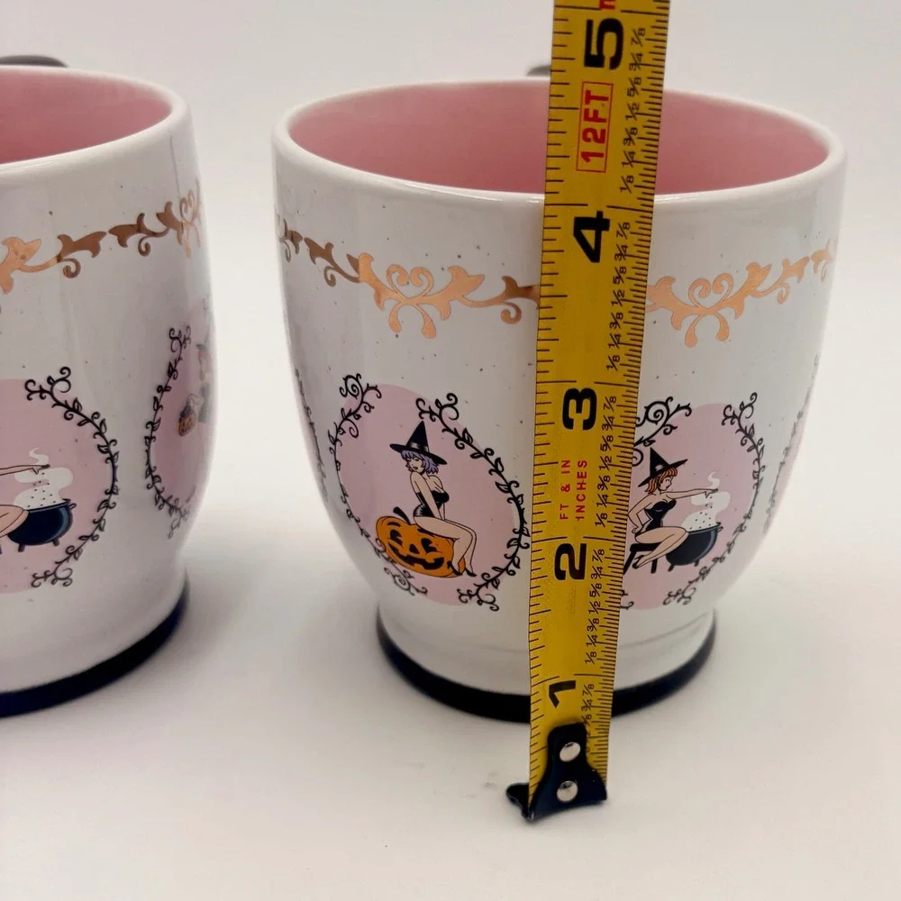 Set of 2 Retro Pin Up Witch Halloween Mugs Pink Interior Gold Filigree Ceramic